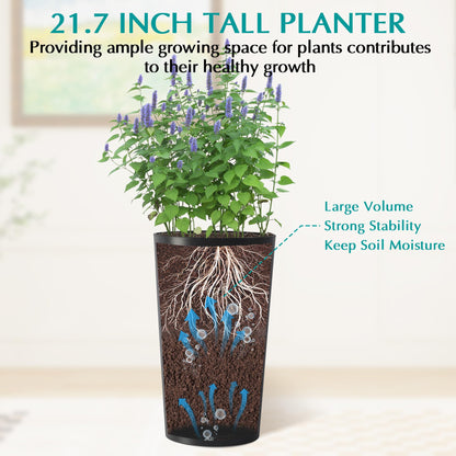 GDFStudio 21.7" Tall Planters Set of 2, Large Planter Pots with Drainage Holes, UV and Crack Resistant, Modern Matte Finish for Indoor Outdoor Balcony Patio Garden, Black