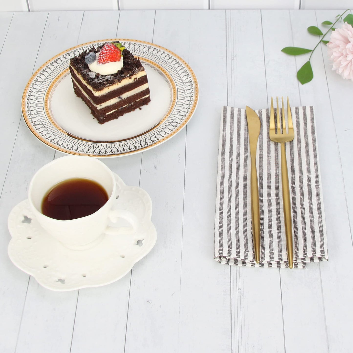 INFEI Plain Striped Cotton Linen Blended Dinner Cloth Napkins - Set of 12 (40 x 30 cm) - for Events & Home Use (Brown)