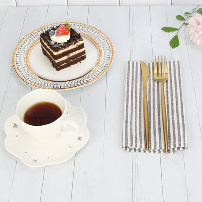 INFEI Plain Striped Cotton Linen Blended Dinner Cloth Napkins - Set of 12 (40 x 30 cm) - for Events & Home Use (Brown)