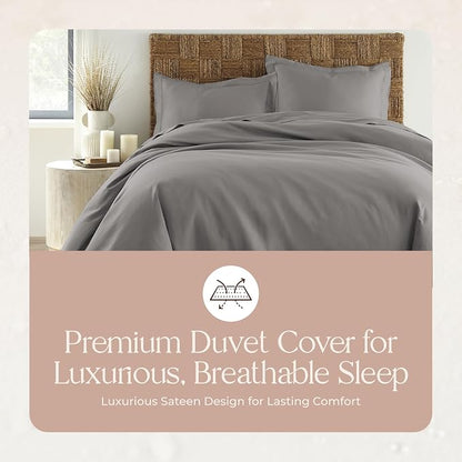 100% Organic Cotton Duvet Cover Queen Size - Naturally Soft Lightweight & Cooling Duvet Cover Set with Decorative Shams - Premium GOTS Certified 300 Thread Count Sateen Weave (Stone, Queen)