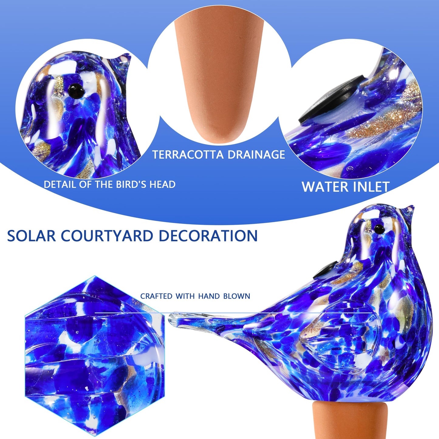 Plant Watering Globes, Bird Glass Self Watering Planter Insert - Glass Plant Water Globes for Daily Use, Planter Spikes to Support Indoor & Outdoor Plant Health, Dark Blue