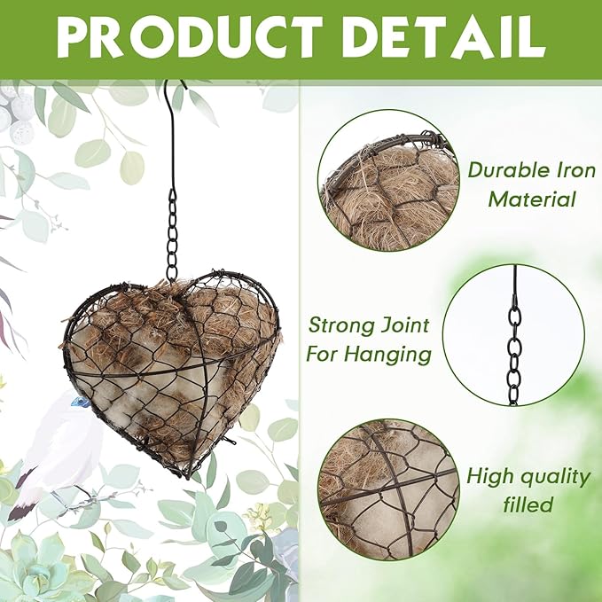 Menkxi 2 Pcs Bird Nesting Material, Hummingbird Nest Gift Enjoy Birds Gardening Outside Cute Decor Refillable Nesting Gift for Bird Lovers, Spring Garden Decoration Gifts (Heart Shaped)