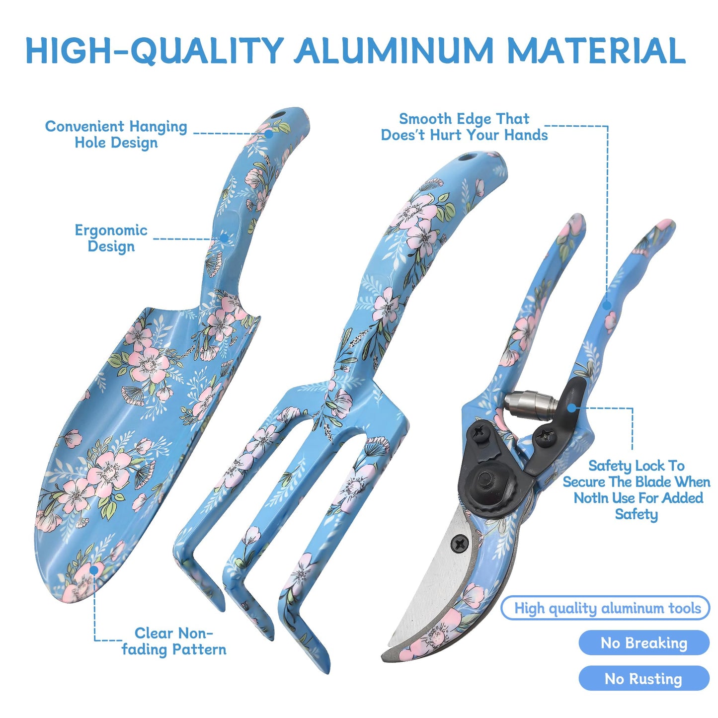 Evertools Garden Tool Set, 3 Piece Floral Gardening Tools for Women, Aluminum Gardening Hand Tools with Trowel, Hand Rake & Pruning Shears, Ergonomic Garden Tools for Indoor Outdoor Gardening
