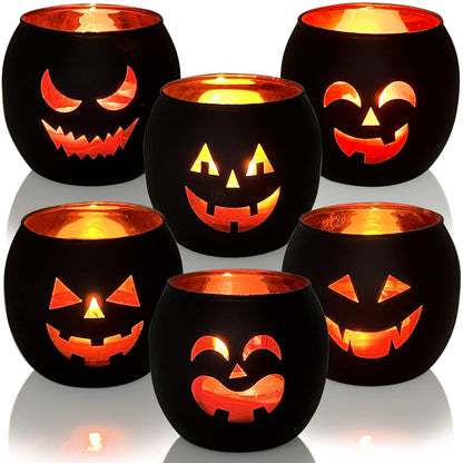 Halloween Table Decor Set of 6, Jack O Lanterns Black Glass Votive Tealight Candle Holders, Halloween Decorations Indoor Party Mantel Coffe Table Centerpiece Decor