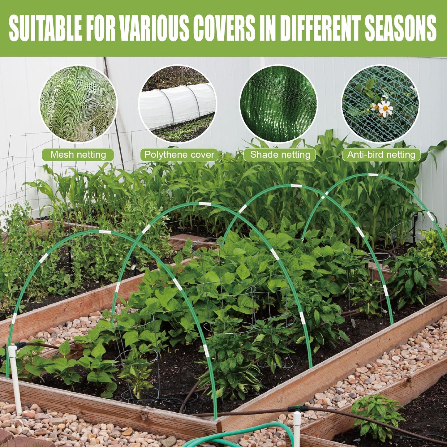60PCS Garden Hoops for Raised Beds, 8FT Rust-Free Fiberglass Greenhouse Hoops, DIY Frame Stake to Create Grow Tunnels, Plant Support Row Covers & Garden Netting, 40Pcs Clips