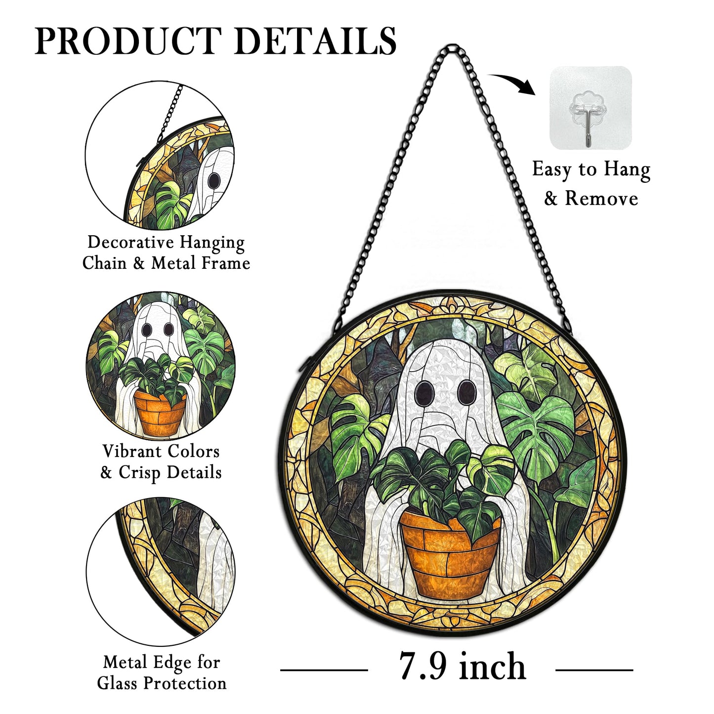 cvjutf Halloween Ghost Suncatcher Stained Glass Window Hanging Decor, Cute Ghost Stained Glass Wall Decor, Plant Lovers Gifts, Botanical Garden Sun Catchers Indoor Window Hanging Wall Art, 7.9x7.9In