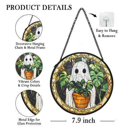 cvjutf Halloween Ghost Suncatcher Stained Glass Window Hanging Decor, Cute Ghost Stained Glass Wall Decor, Plant Lovers Gifts, Botanical Garden Sun Catchers Indoor Window Hanging Wall Art, 7.9x7.9In