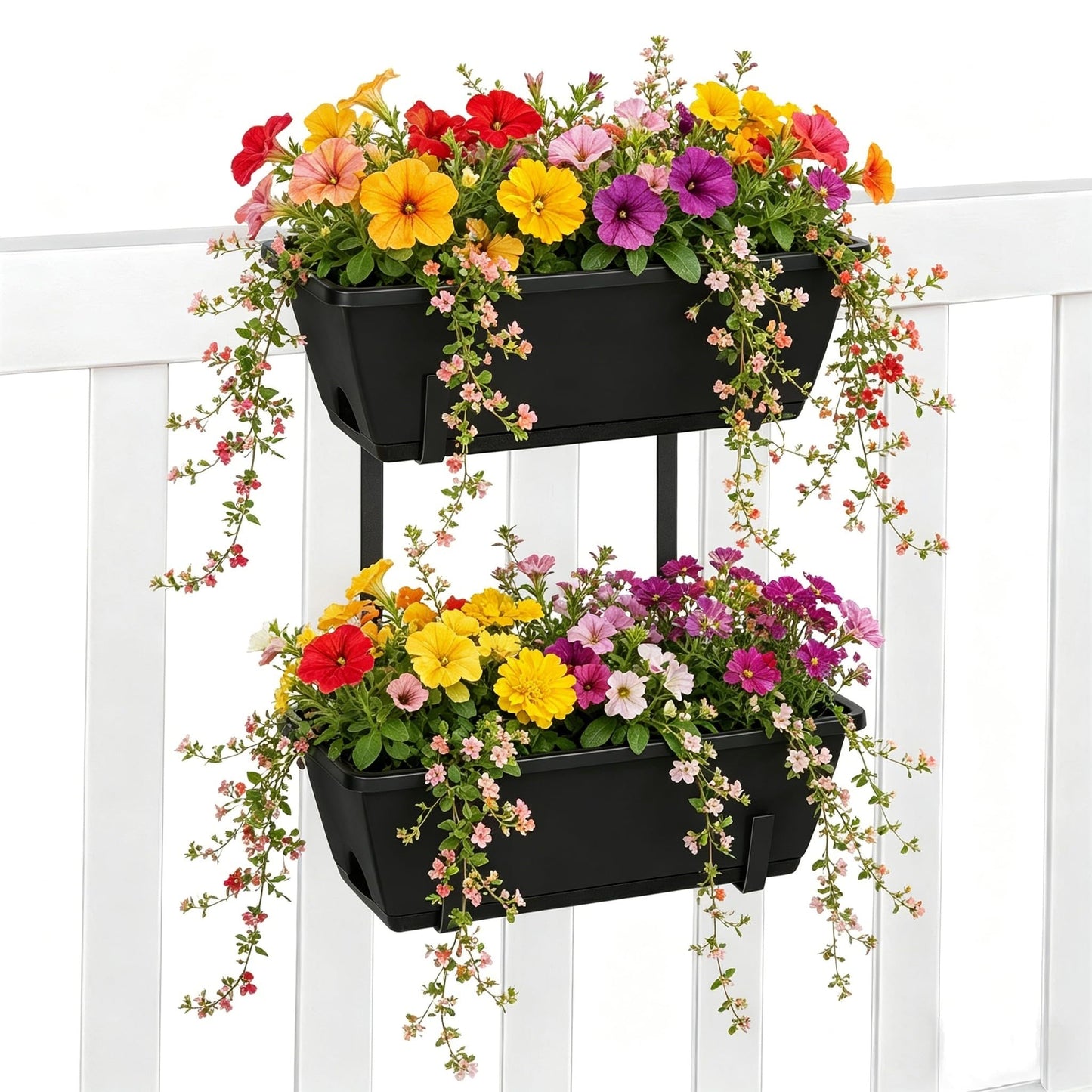 YAHKBTEN Railing Planter Boxes 2 Pack Window Boxes Planters with 2-Tier Adjustable Brackets, 17'’ Deck Railing Planter Boxes Vertical Balcony Hanging Flower Pots for Fence Rail Porch Garden Decor