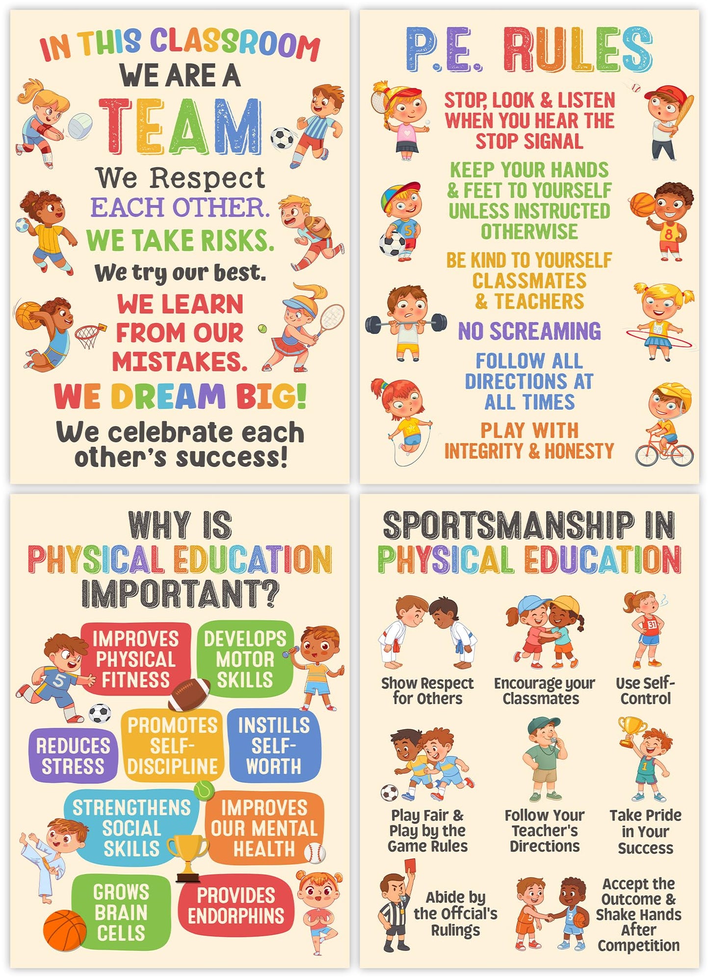 Lalunia 4 Pcs Classroom Exercise Posters (11x16) - Physical Education Class Rules Poster Decoration, Welcome to P.E Wall Art, Kids Workout Activity, Sports Education Supplies for PE Teachers