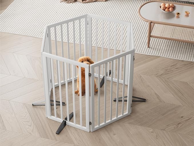 Freestanding Extra Wide Dog Gate Indoor, 6-Panel Wooden Pet Gate with 2 Metal Stands and 360°Hinge, Tall Dog Gates for Doorways, Stairs, Doorways, Kitchen, Foldable Safety Fence, 110"W x 32"H - White