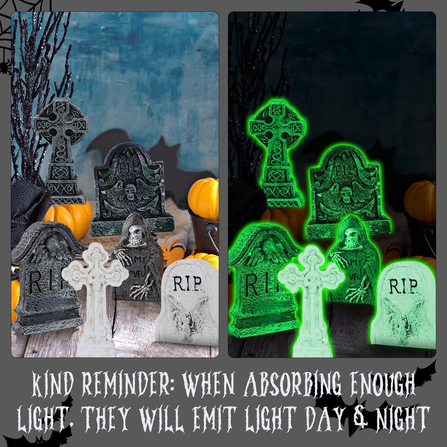 6 Pcs Fluorescent Halloween Miniature Tombstones Mini Village Accessories Resin Halloween Figurines Glow in The Dark Tombstones Ornaments for Fish Tank Cake Decor Landscape DIY Crafts