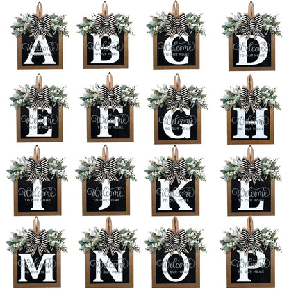 Last Name All Year Round Front Door Wreath with 26 Initial Letter Welcome Sign All Seasons Eucalyptus Garland and Bow ，Farmhouse, Porch, for Spring Summer Fall All Seasons Holiday Halloween Christmas. (M)