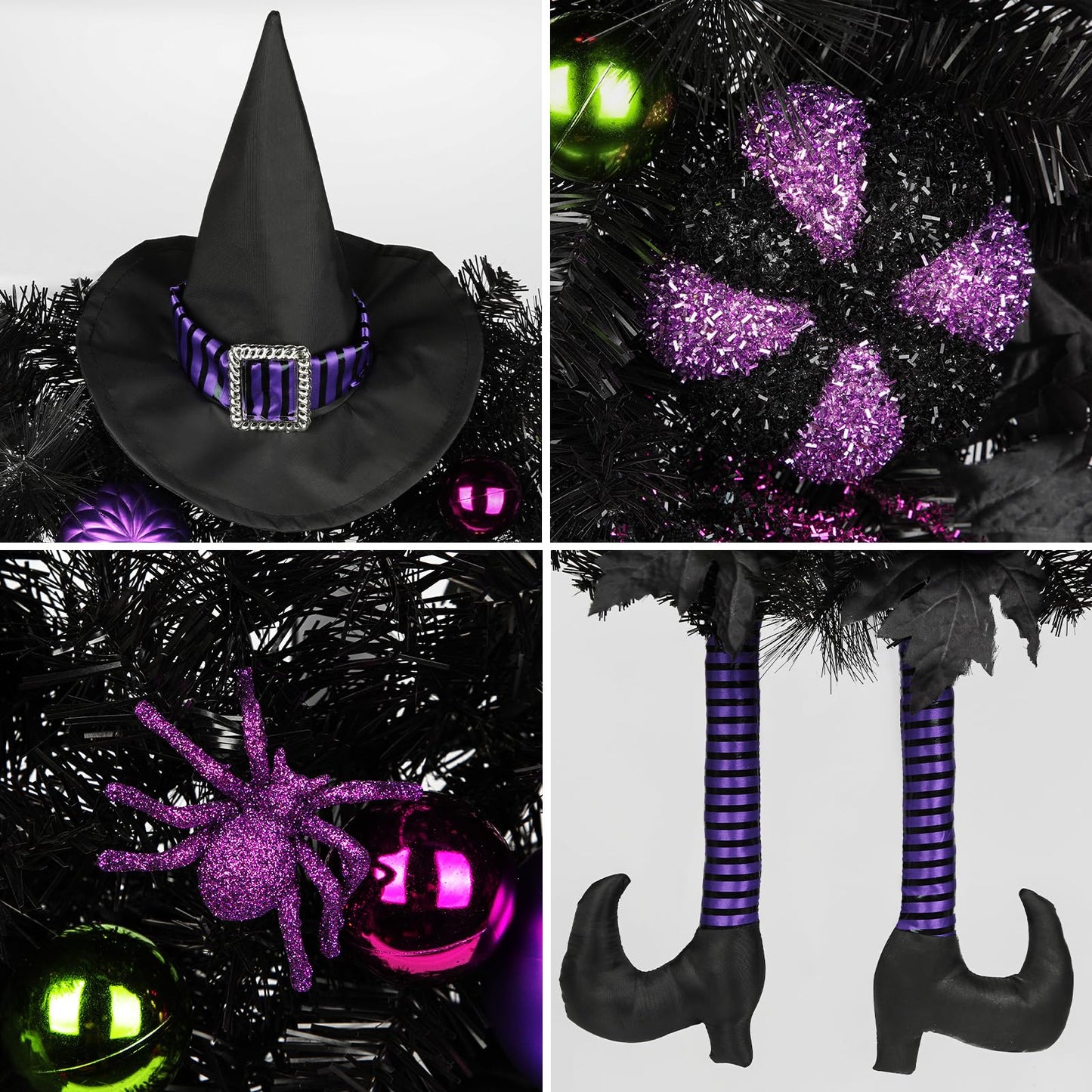 Halloween Wreath for Front Door 26" Tinsel Black Witch Wreath with Hat Legs and Purple Pumpkin for Fall Autumn Indoor Window Door Thanksgiving Halloween Decorations
