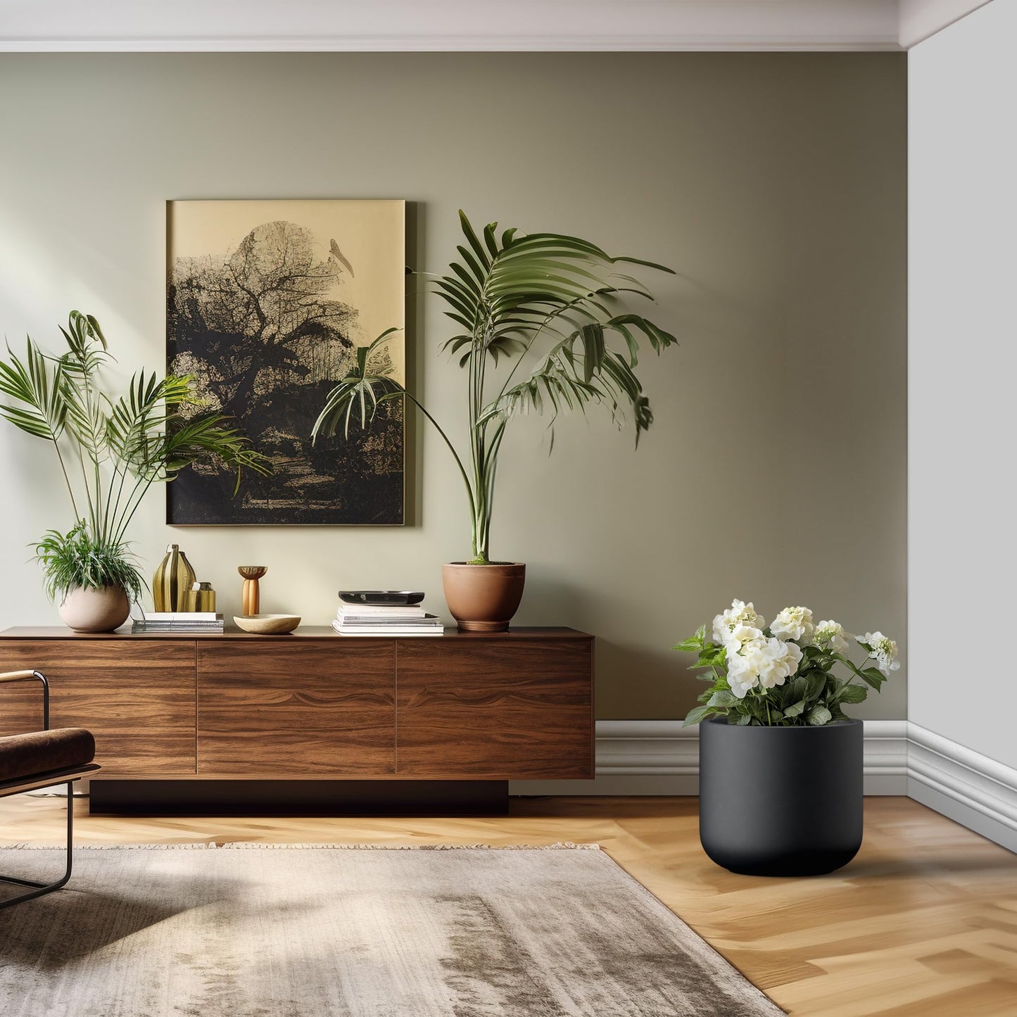 Kante Round Concrete Planter, 17.3 Inch Dia Classic-Style Large Pot with Drainage, Black Finish with Painted Interior, for Indoor & Outdoor Plants, Home, Patio and Garden