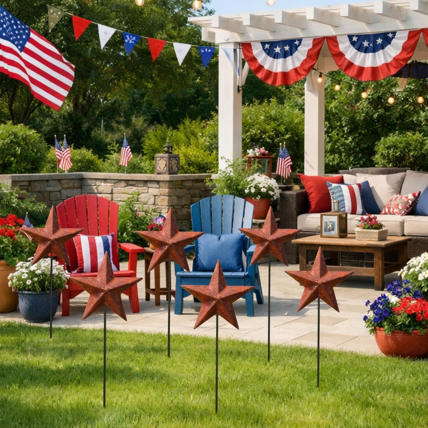 Pickmesh 6 Pcs 12" H Rusty 4th of July Outdoor Decor Patriotic Yard Decor Metal Yard Sign Antique Primitives Star Garden Stake 250th Anniversary Rustic American Sign for Outdoor Independence Day