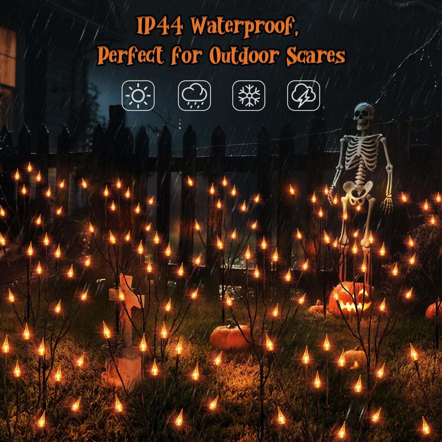 ODEETRONIC Halloween Pathway Lights – 3 Pack 30 LED Orange Candle Stake Lights, 7.54ft 8 Modes Outdoor Halloween Light Battery Operated, Waterproof & Timer Orange Light for Lawn, Path, Garden Decor