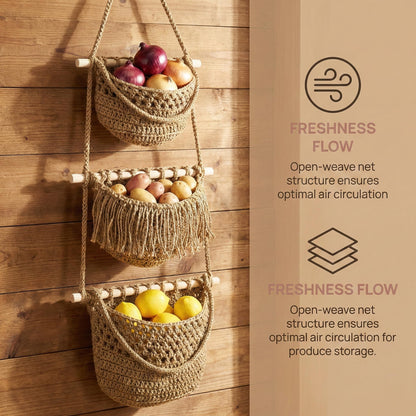 Cabilock 3 Tier Hanging Fruit Basket for Kitchen - Boho Macrame Woven Wall Storage for Onion and Potato, Space-Saving Cotton Rope Produce Organizer for Pantry & Bathroom