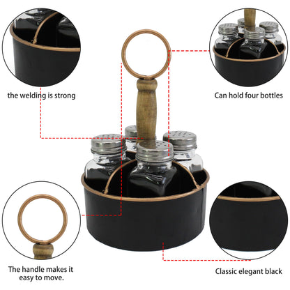 ZNCO Metal Round Salt, Pepper and Toothpick Caddy with Wooden Handle, Glass Shakers Set, Rustic Vintage Style, Black