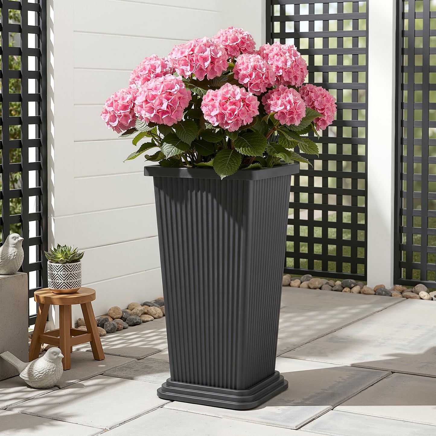 PolarcoForgeco Tall Outdoor Planters Set of 2, Large Flower Pots for Indoor Plants, 24 Inch Large Outdoor Planter for Front Porch, with Drainage Tray (Gray Ribbed)