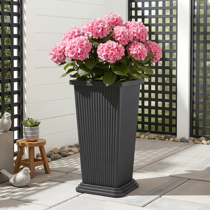 PolarcoForgeco Tall Outdoor Planters Set of 2, Large Flower Pots for Indoor Plants, 24 Inch Large Outdoor Planter for Front Porch, with Drainage Tray (Gray Ribbed)