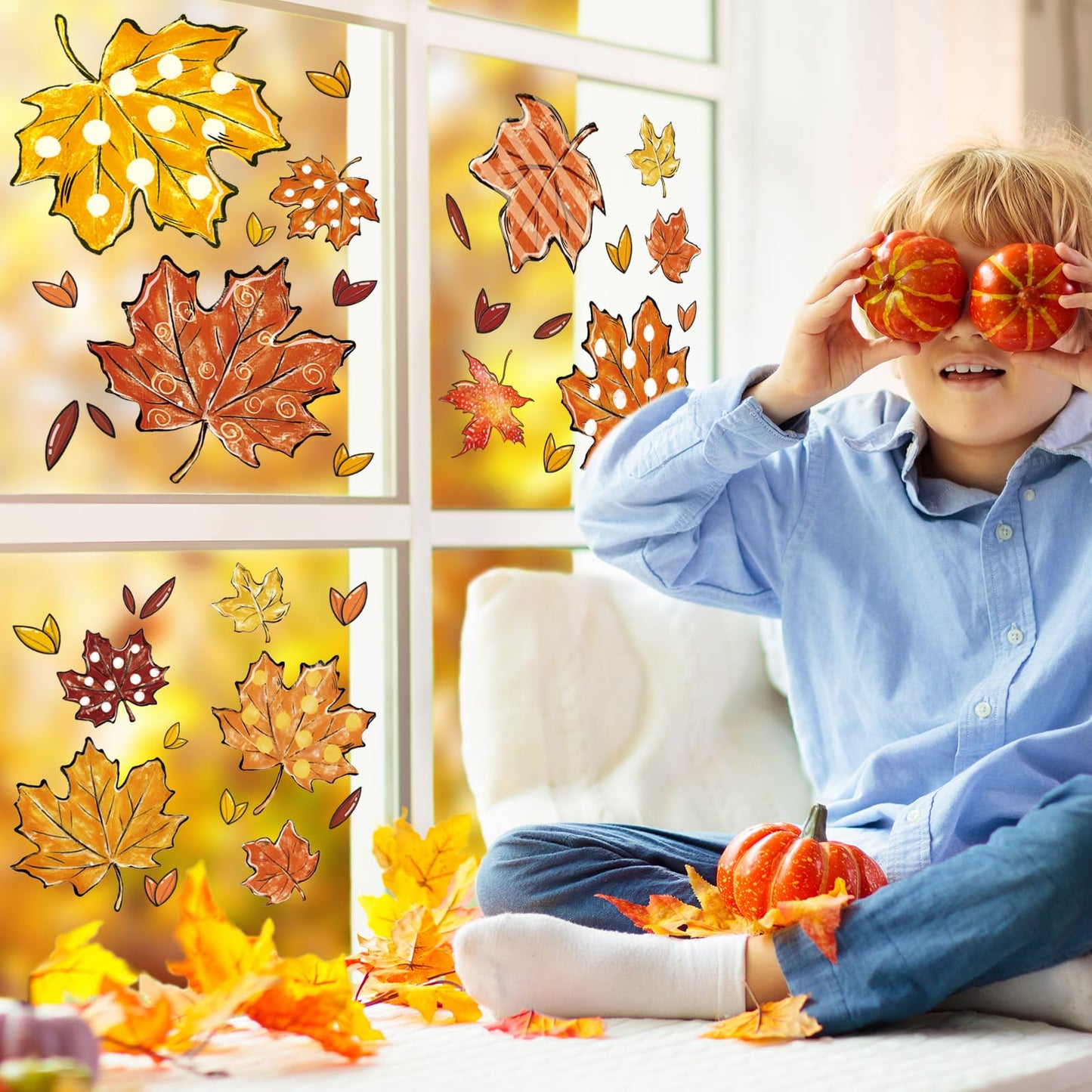 JarThenaAMCS 207Pcs Fall Halloween Christmas Winter Window Clings Maple Leaves Ghost Candy Snowman Double-Sided Glass Decal for Holiday Home School Party Decor,18 Sheets