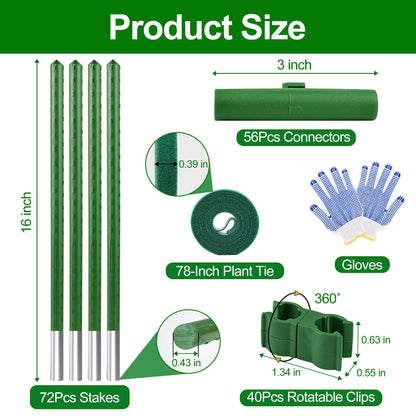 WAENLIR Garden Stakes16 Inch 72 Pack, Tomato cage DIY 4ft 5ft 6ft 7ft 8ft Plant Support Stakes with Connectors and Clips, Plastic Coated Metal Sticks for Tomato Indoor Outdoor