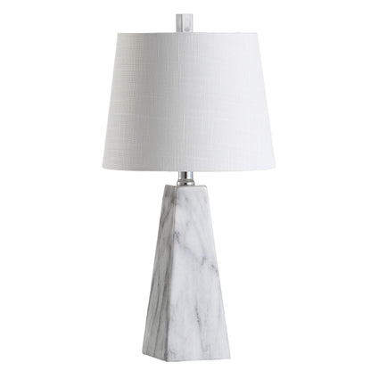 JONATHAN Y 20.5" White Marble Finish Modern Resin Table Lamp for Bedroom Living Room, Contemporary Faceted Bedside Lamp with White Linen Shade, LED Bulb Included JYL1037A