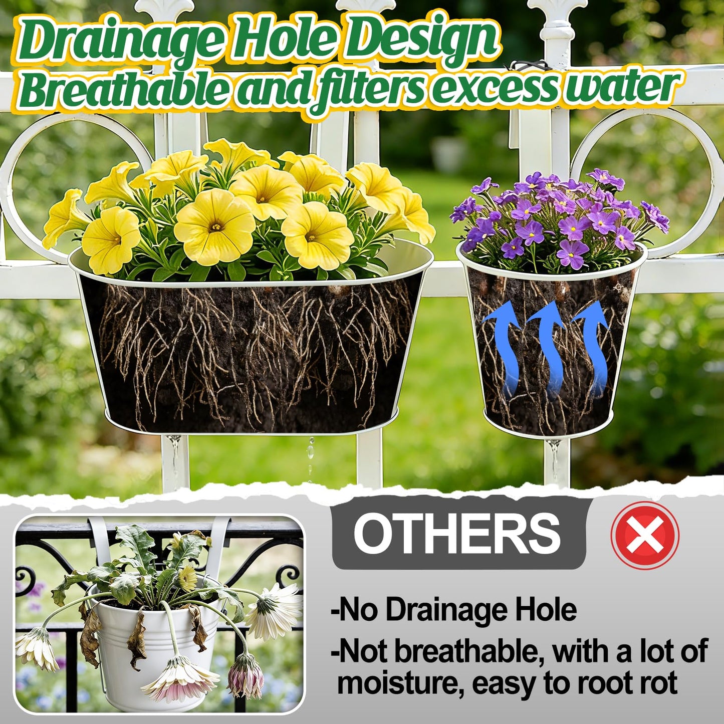 MADHOLLY 6Pcs Railing Planter with Drainage - 10.8" & 5.1" Bucket Pots for Balcony Railing, Metal Iron Hanging Flower Pots for Herb Planter Outdoor Deck & Rail Decor with Hook, White