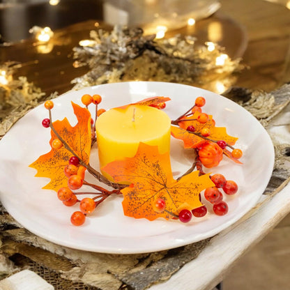 5Pcs Fall Mini Wreath 4.7 Inch/12cm Taper Candle Rings Artificial Pumpkin Maple Leaf Holder with Berries Christmas Autumn Harvest Wreaths for Pillar Halloween Thanksgiving Wedding Table Home Decor