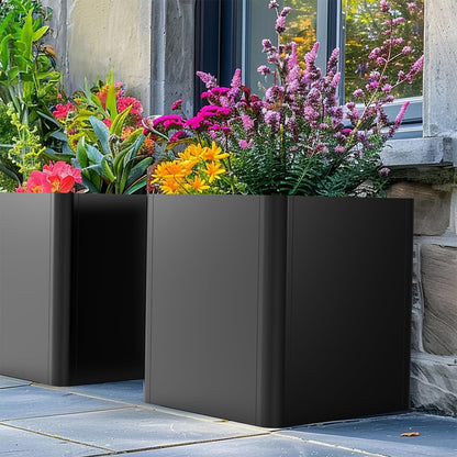 Gardenaire Metal Square Planter Box, Galvanized Steel Planters for Outdoor Plants, 24"x 24"x 25" Black Large Outdoor Planters with Drainage Hole for Porch/Patio/Garden