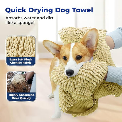 Muddy Mat Doggy Dryer, Highly Absorbent Microfiber Washable Dog Shammy Quick Drying Towel Absorber - Extra Soft Plush Wrap Chenille Bath Towels to Dry Soggy Large Pets & Small Puppy-Beige 19"x46"