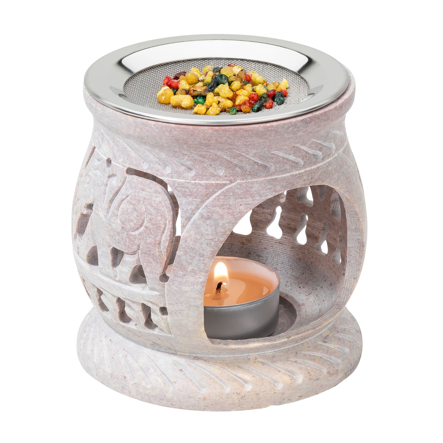 Soapstone Incense Burner with Strainer | 3.34 Inch Height & 3.15 Inch Diameter | Handmade Natural Stone Incense Holder for Gentle Aromatherapy with Tea Light | Decorative Meditation Accessory