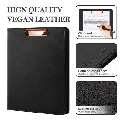 Ospelelf Zippered Padfolio Portfolio Folder, Leather Clipboard with Storage, 3 Ring Binder 1 Inch,12.1” Tablet Sleeve, 5 Dividers with Pocket, Refillable Notepad, Card Slot (Classic Black)