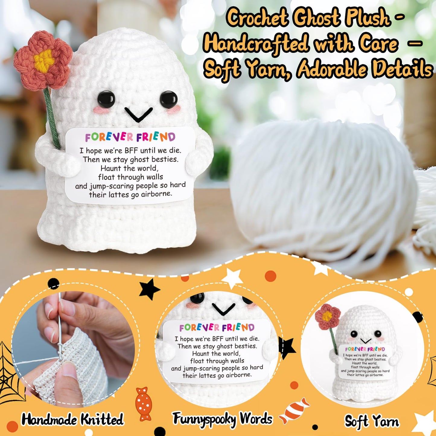 Frabaca Best Friend for Women Friendship Ornaments - Handmade Crochet Ghost Decor with Funny Boo BFF Message Card, Halloween Stocking Stuffers, Cute Birthday Gift for Bestie Soul Sister