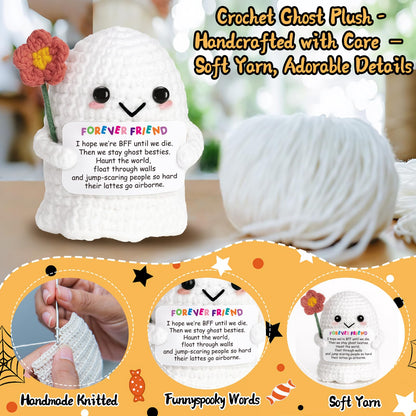 Frabaca Best Friend for Women Friendship Ornaments - Handmade Crochet Ghost Decor with Funny Boo BFF Message Card, Halloween Stocking Stuffers, Cute Birthday Gift for Bestie Soul Sister