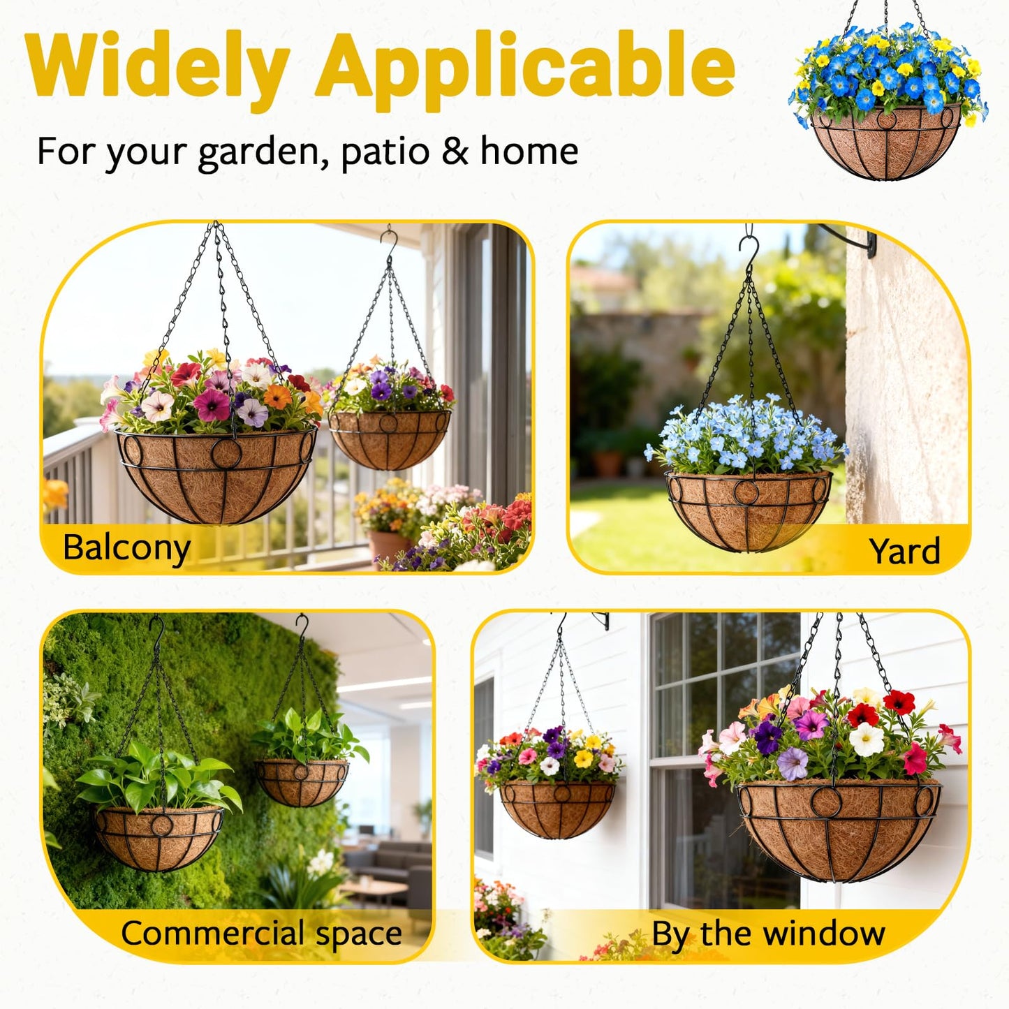 ZeeDix 16 Inch Large Hanging Baskets for Plants Outdoor, 2 Pack Round Metal Wire Planter Basket with Coco Coir Liner, Hanging Flower Pots for Garden Yard Patio Porch Balcony Decor