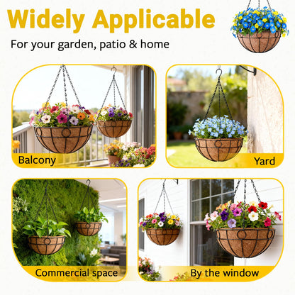 ZeeDix 2 Pack Round Hanging Baskets for Plants Outdoor, 12 Inch Metal Wire Planter Basket with Coco Liner, Hanging Flower Pots for Garden Yard Patio Porch Balcony Decor