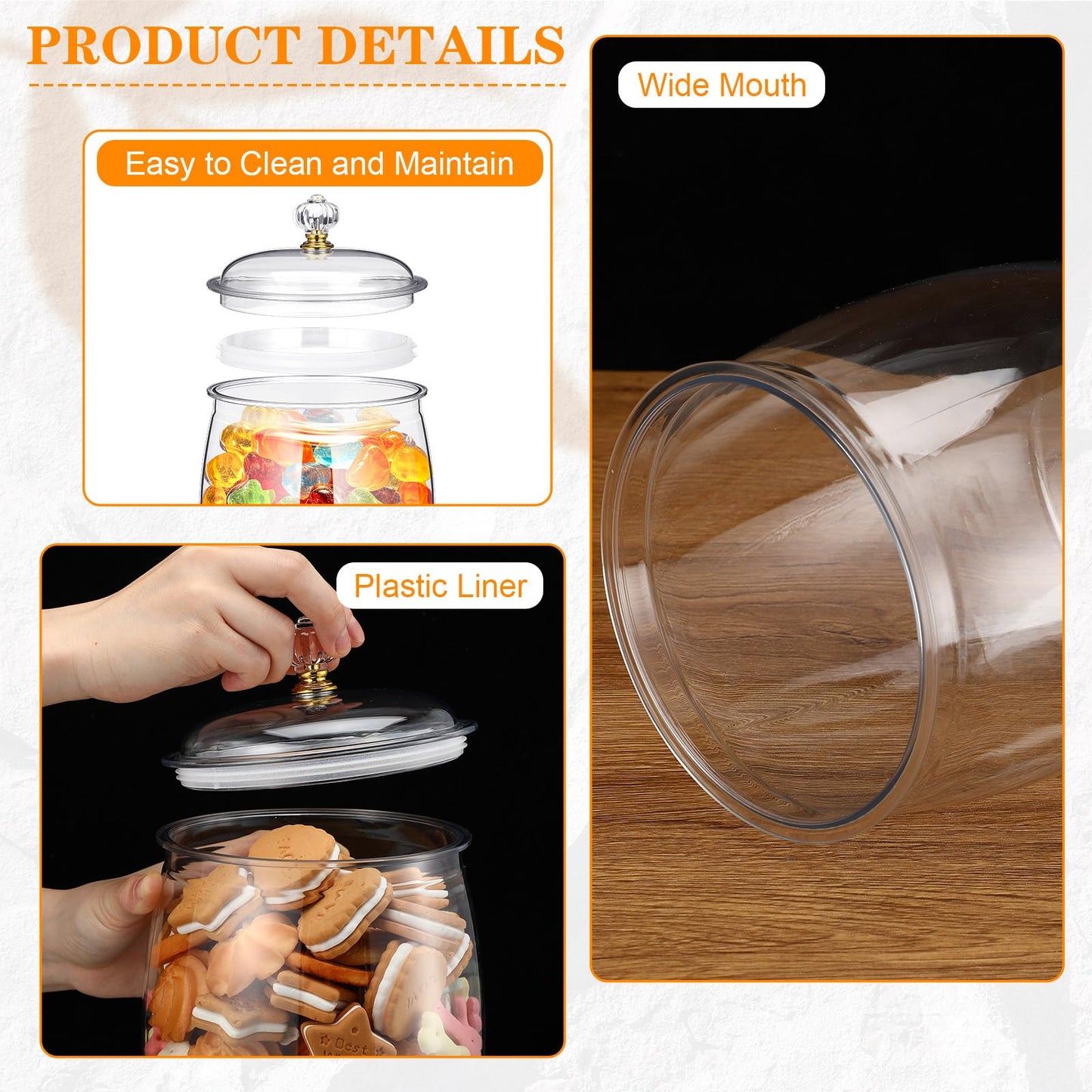 Nuogo 4 Pcs Plastic Candy and Cookie Jars with Lids Clear Cookie Container Candy Jars Large Airtight Apothecary Storage Organization for Wedding Home Kitchen Bar(128 oz)