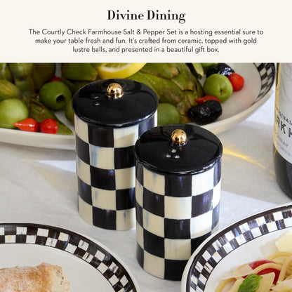 MACKENZIE-CHILDS Farmhouse Salt and Pepper Shaker Set, Ceramic Salt and Pepper Holders, Black-and-White Courtly Check