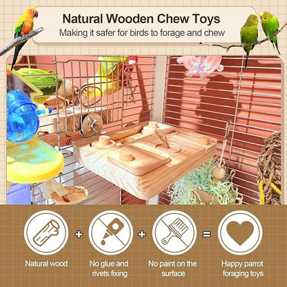 2PCS Wooden Bird Foraging Puzzle Toys Interactive Parakeet Enrichment Foraging Toy for CageBird Slow Feeder Parrot Chewing Toy for Pets, Bird Perches Stand for Sun Conure and Small Sized Birds