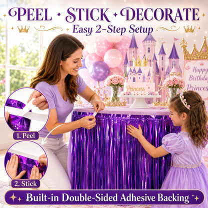 WIEPENGLNA 4-Pack Purple Foil Fringe Table Skirt, Disposable Metallic Tinsel Streamers, Photo Backdrop Party Decorations for Mardi Gras, Halloween, Mermaid Theme, Fairy & Graduation, 29x108 Inch