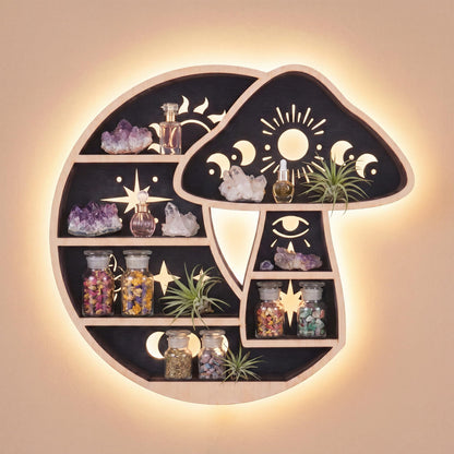 FNYDOX Crescent Moon Shelf with LED Light, Wooden Mushroom Shelf for Crystals Rocks Gems Healing Stones, Trinket Knick Knack Bohomian Witchy Wiccan Shelves Wall Mounted