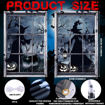 Preboun 2 Pcs Halloween Witch Window Clings Decoration Scary Halloween Window Silhouette Cover Curtain Poster for Wall Garage Door Home Indoor Outdoor Party Favors