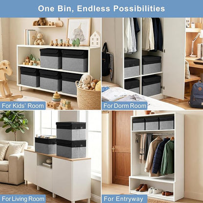 Bagnizer Large 22 Quart Linen Fabric Foldable Storage Bin Cube Organizer Basket with Flip-Top Lid & Handles, Clothes Blanket Box for Home, Office, Closet, Black & Gray, 4 Pack 14.6 x 9.5 x 9.5