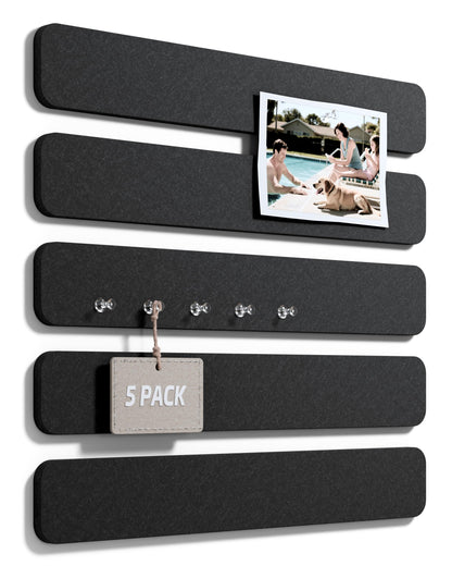 Fluxynara Cork Board Alternative Felt Strip Board 5-Pack 13"x2", Office Pin Board with 35 Push Pins, Adhesive Install for Bedroom Door & Home Office (Black)