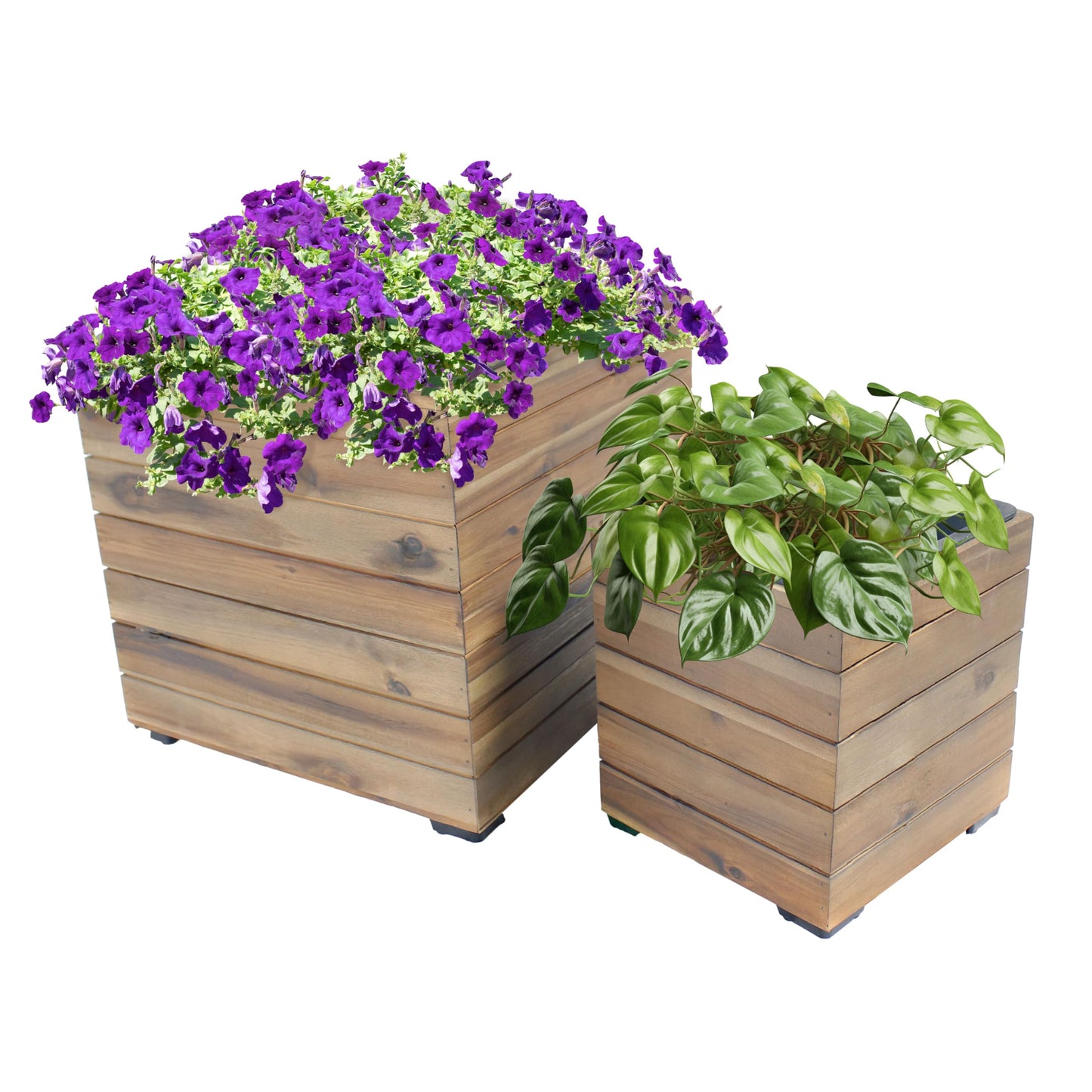 Sunnydaze Outdoor Wooden Planter Boxes - 2 Acacia Wood Square Plant Pots with Removable Liners - Anthracite Stain