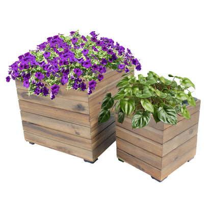 Sunnydaze Outdoor Wooden Planter Boxes - 2 Acacia Wood Square Plant Pots with Removable Liners - Anthracite Stain