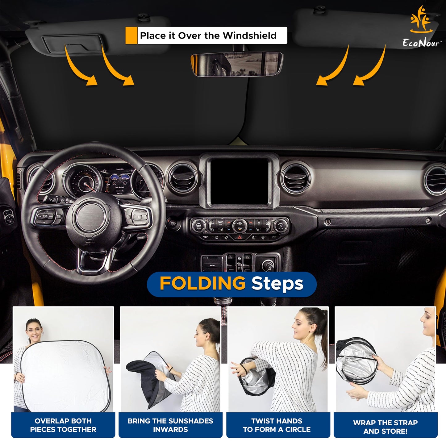 EcoNour 2-Piece Windshield Sun Shade for Jeep, Offers Complete Automotive Sun Protection, Foldable Jeep Windshield Shade Suits Wrangler, Compass, Gladiator & Renegade, (X-Small 18 in x 26 in)