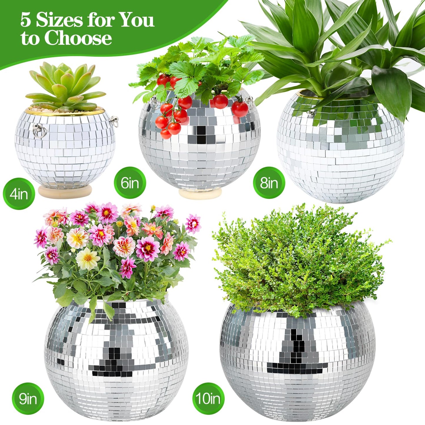 FGBNM Disco Ball Planter, 8" Silver Disco Ball Planter, Disco Ball Plant Hanger with Hanging Rope, Hanging Chain, Hook, Circle and Extra Mirror Pieces
