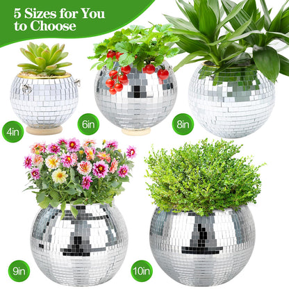 FGBNM Disco Ball Planter, 8" Silver Disco Ball Planter, Disco Ball Plant Hanger with Hanging Rope, Hanging Chain, Hook, Circle and Extra Mirror Pieces